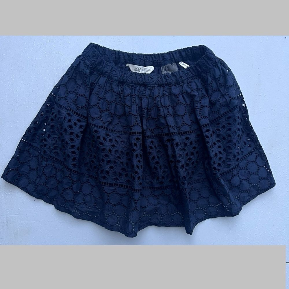 H&M Girls Lined Skirt Eyelet Crochet Flare Size 9-10y Navy Blue Cotton Blend